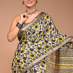 Maheshwari Pure Cotton Floral Print Saree with Zari Border & Striped Pallu