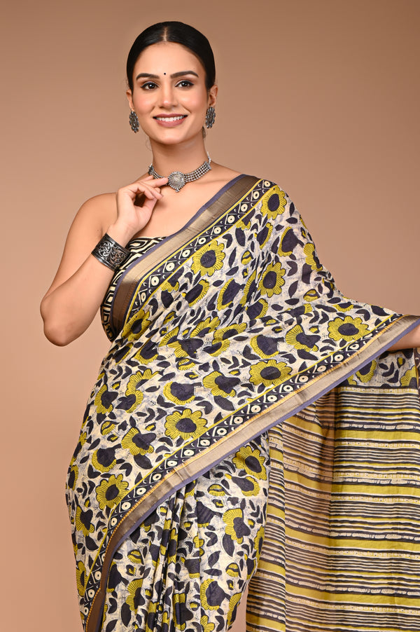 Maheshwari Pure Cotton Floral Print Saree with Zari Border & Striped Pallu