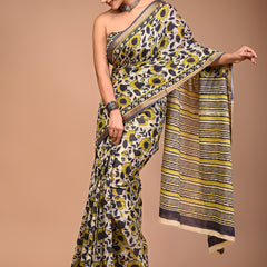 Maheshwari Pure Cotton Floral Print Saree with Zari Border & Striped Pallu