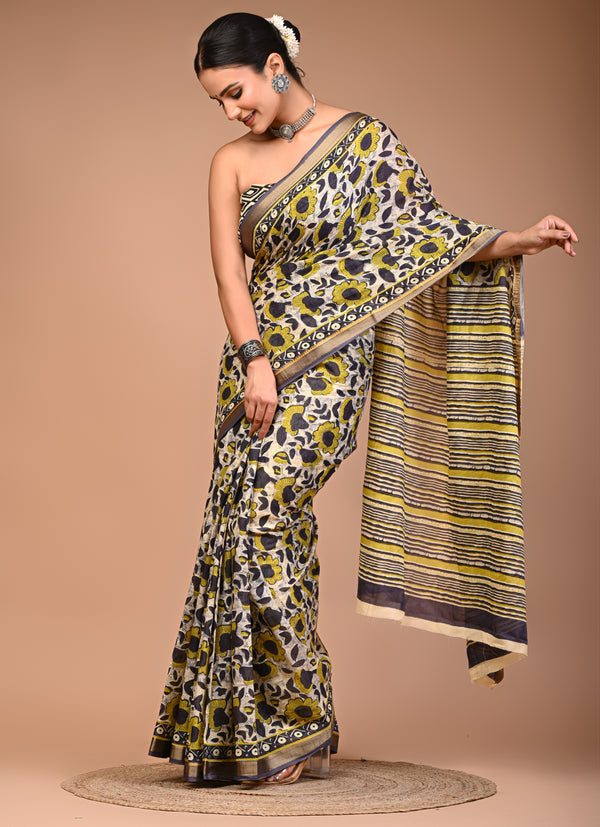Maheshwari Pure Cotton Floral Print Saree with Zari Border & Striped Pallu