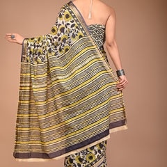 Maheshwari Pure Cotton Floral Print Saree with Zari Border & Striped Pallu