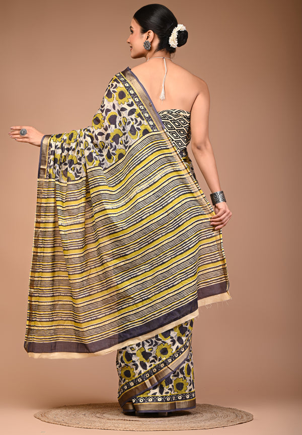 Maheshwari Pure Cotton Floral Print Saree with Zari Border & Striped Pallu