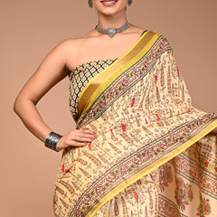 Beige Maheshwari Pure Cotton Printed Saree with Traditional Border & Pallu