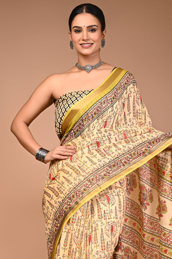 Beige Maheshwari Pure Cotton Printed Saree with Traditional Border & Pallu