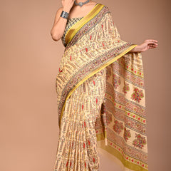 Beige Maheshwari Pure Cotton Printed Saree with Traditional Border & Pallu