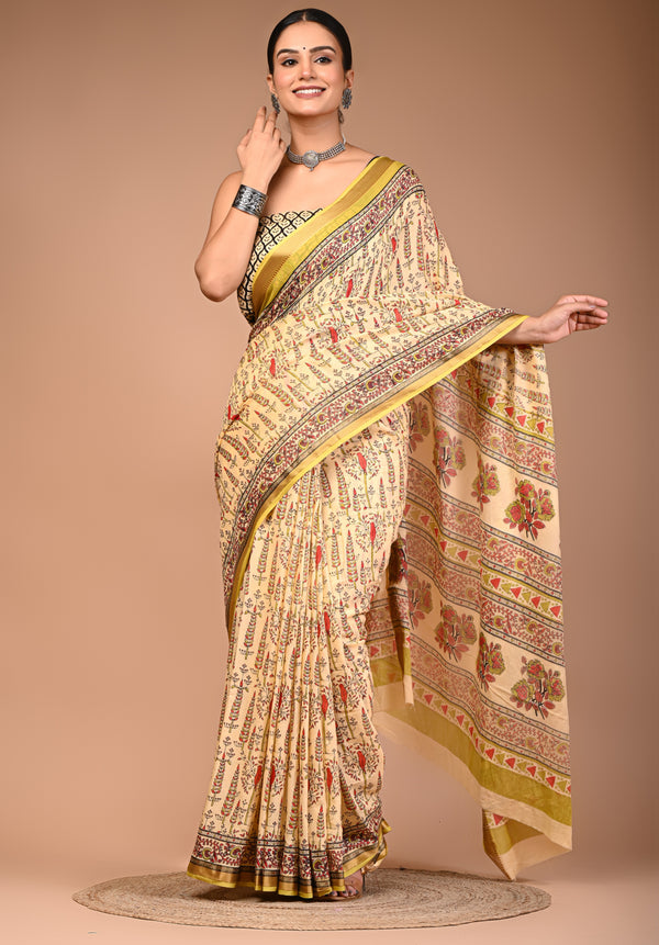 Beige Maheshwari Pure Cotton Printed Saree with Traditional Border & Pallu