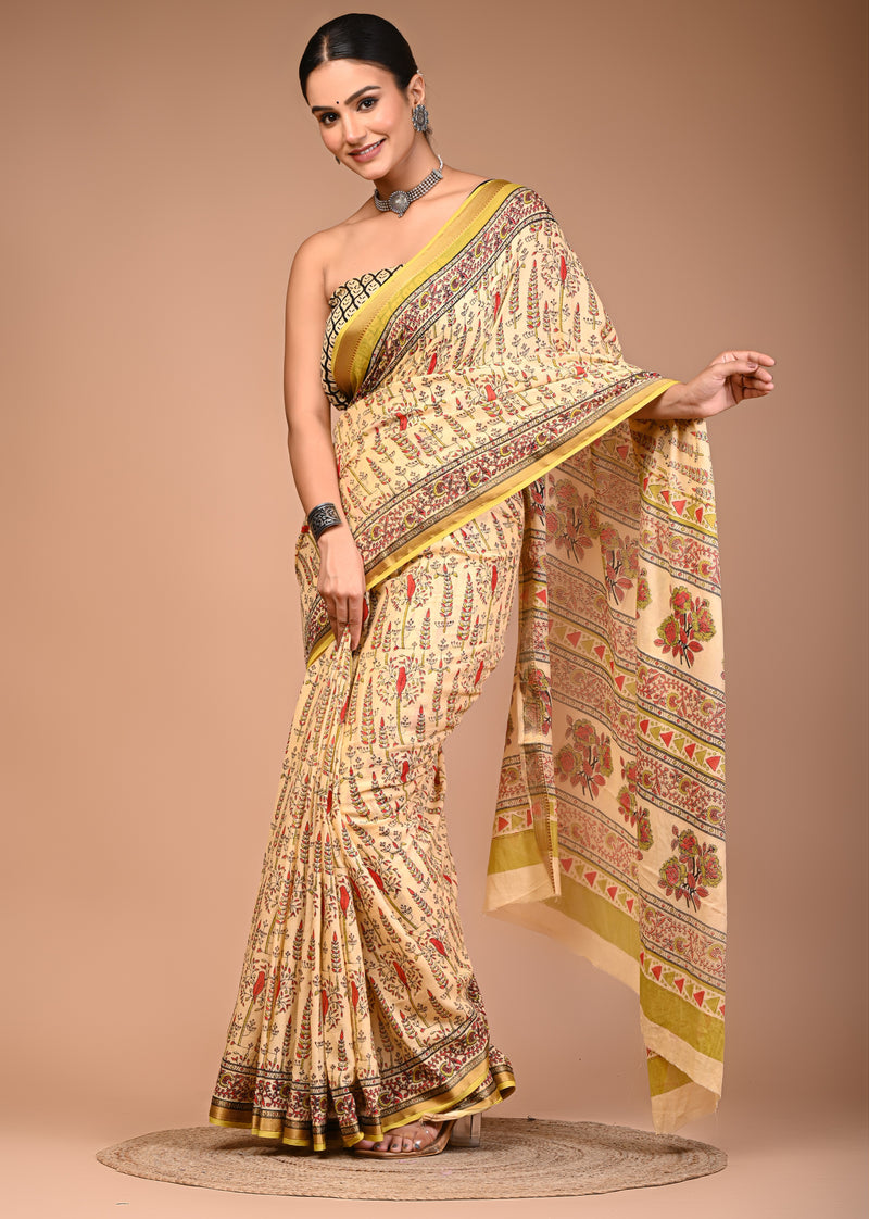 Beige Maheshwari Pure Cotton Printed Saree with Traditional Border & Pallu