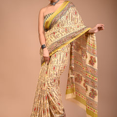 Beige Maheshwari Pure Cotton Printed Saree with Traditional Border & Pallu