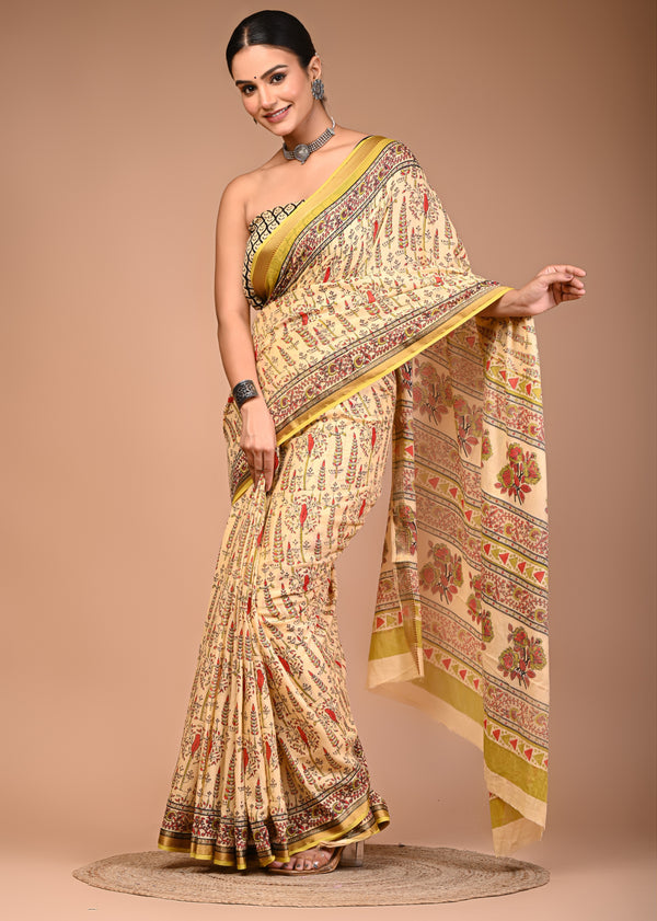 Beige Maheshwari Pure Cotton Printed Saree with Traditional Border & Pallu