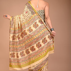 Beige Maheshwari Pure Cotton Printed Saree with Traditional Border & Pallu