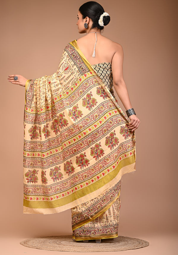 Beige Maheshwari Pure Cotton Printed Saree with Traditional Border & Pallu