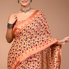 Peach Pure Cotton Saree with Leaf Print & Striped Pallu