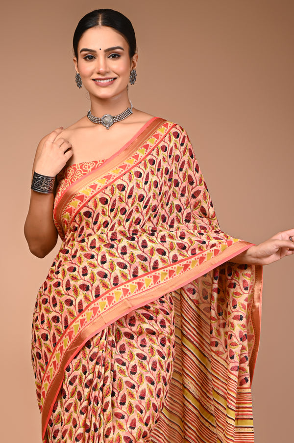 Peach Pure Cotton Saree with Leaf Print & Striped Pallu