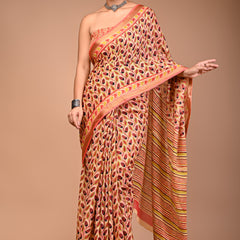 Peach Pure Cotton Saree with Leaf Print & Striped Pallu