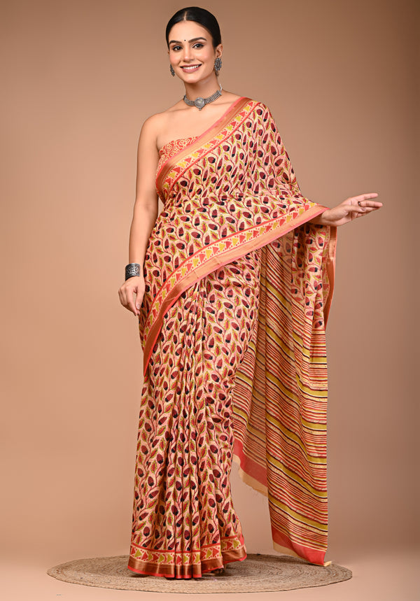 Peach Pure Cotton Saree with Leaf Print & Striped Pallu