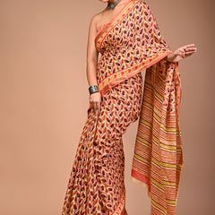 Peach Pure Cotton Saree with Leaf Print & Striped Pallu