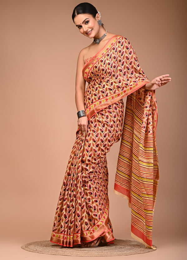 Peach Pure Cotton Saree with Leaf Print & Striped Pallu