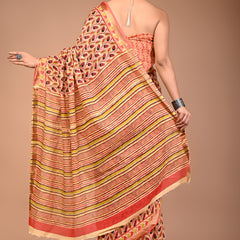 Peach Pure Cotton Saree with Leaf Print & Striped Pallu