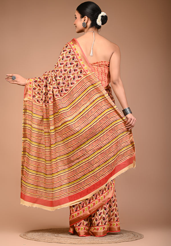 Peach Pure Cotton Saree with Leaf Print & Striped Pallu