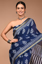Navy Blue Pure Cotton Printed Saree with White Motifs & Striped Pallu