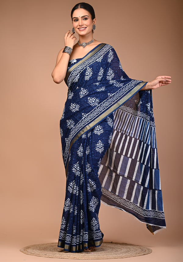 Navy Blue Pure Cotton Printed Saree with White Motifs & Striped Pallu