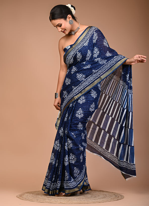 Navy Blue Pure Cotton Printed Saree with White Motifs & Striped Pallu