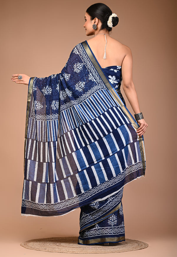 Navy Blue Pure Cotton Printed Saree with White Motifs & Striped Pallu