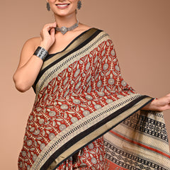 Elegant Maroon & Beige Hand Block Printed Maheshwari Cotton Saree with Zari Border