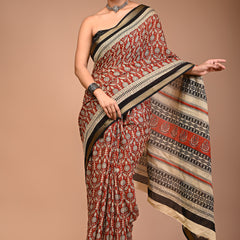 Elegant Maroon & Beige Hand Block Printed Maheshwari Cotton Saree with Zari Border