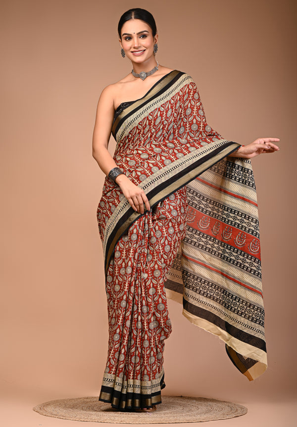 Elegant Maroon & Beige Hand Block Printed Maheshwari Cotton Saree with Zari Border