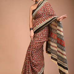 Elegant Maroon & Beige Hand Block Printed Maheshwari Cotton Saree with Zari Border