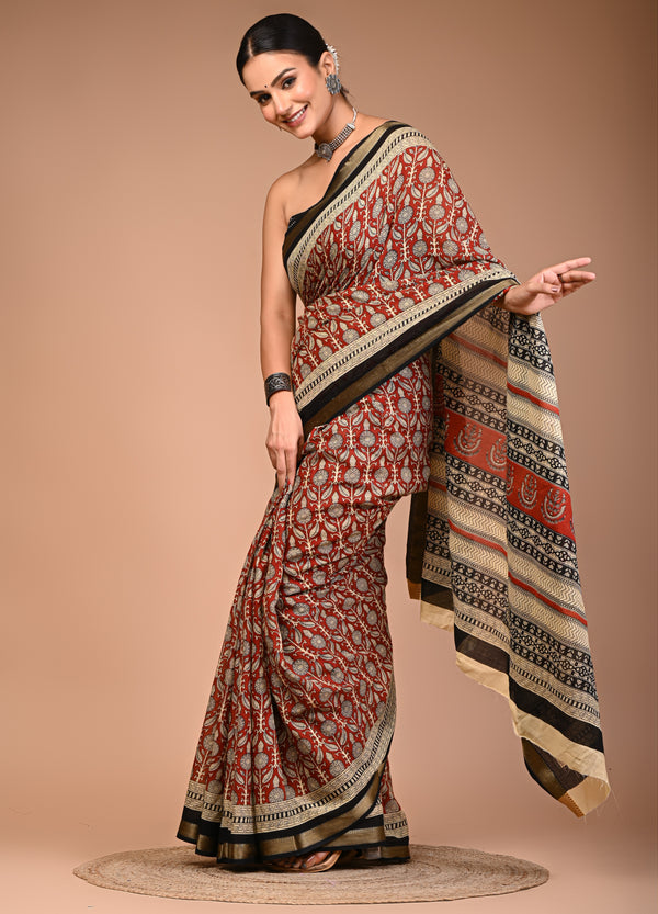 Elegant Maroon & Beige Hand Block Printed Maheshwari Cotton Saree with Zari Border
