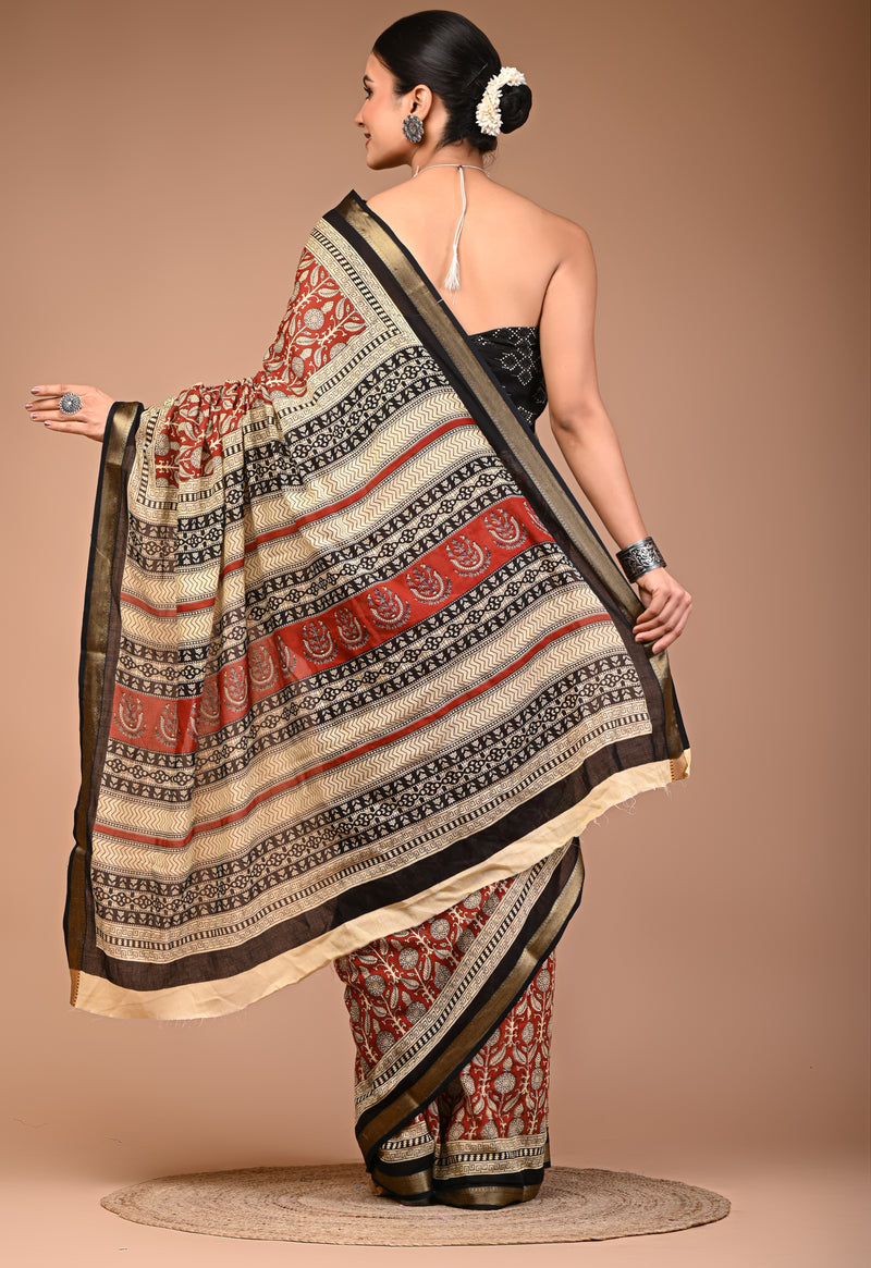 Elegant Maroon & Beige Hand Block Printed Maheshwari Cotton Saree with Zari Border