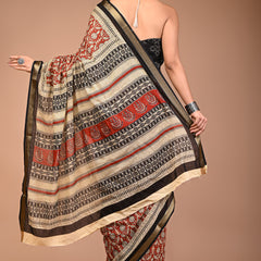 Elegant Maroon & Beige Hand Block Printed Maheshwari Cotton Saree with Zari Border