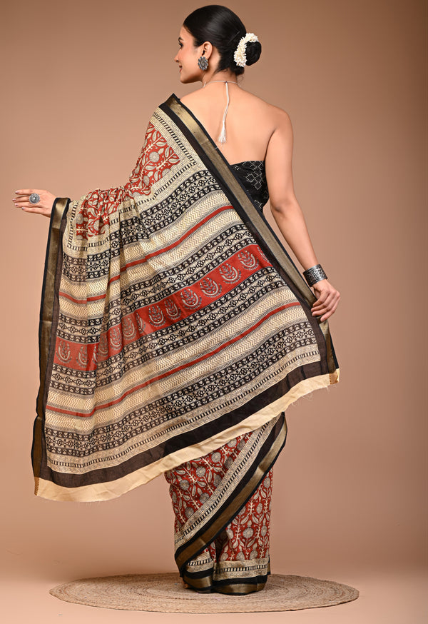 Elegant Maroon & Beige Hand Block Printed Maheshwari Cotton Saree with Zari Border