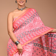 Pink Pure Cotton Saree with Floral Booti Print & Designer Pallu