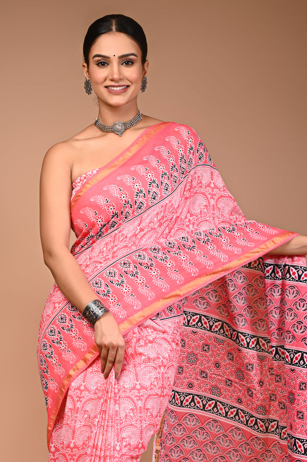 Pink Pure Cotton Saree with Floral Booti Print & Designer Pallu