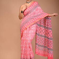 Pink Pure Cotton Saree with Floral Booti Print & Designer Pallu