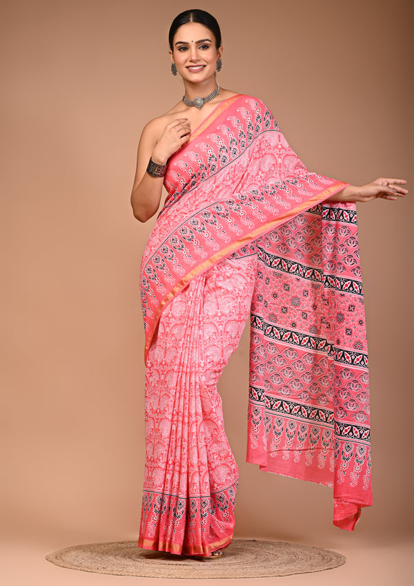 Pink Pure Cotton Saree with Floral Booti Print & Designer Pallu
