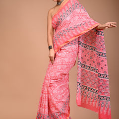 Pink Pure Cotton Saree with Floral Booti Print & Designer Pallu