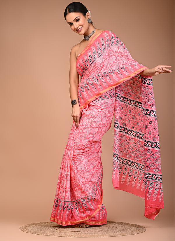 Pink Pure Cotton Saree with Floral Booti Print & Designer Pallu