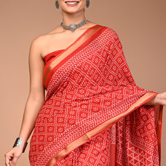 Red Pure Cotton Bandhani Print Saree with Golden Border & Geometric Pallu