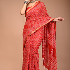 Red Pure Cotton Bandhani Print Saree with Golden Border & Geometric Pallu