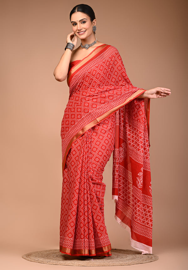 Red Pure Cotton Bandhani Print Saree with Golden Border & Geometric Pallu