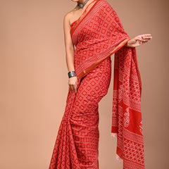 Red Pure Cotton Bandhani Print Saree with Golden Border & Geometric Pallu