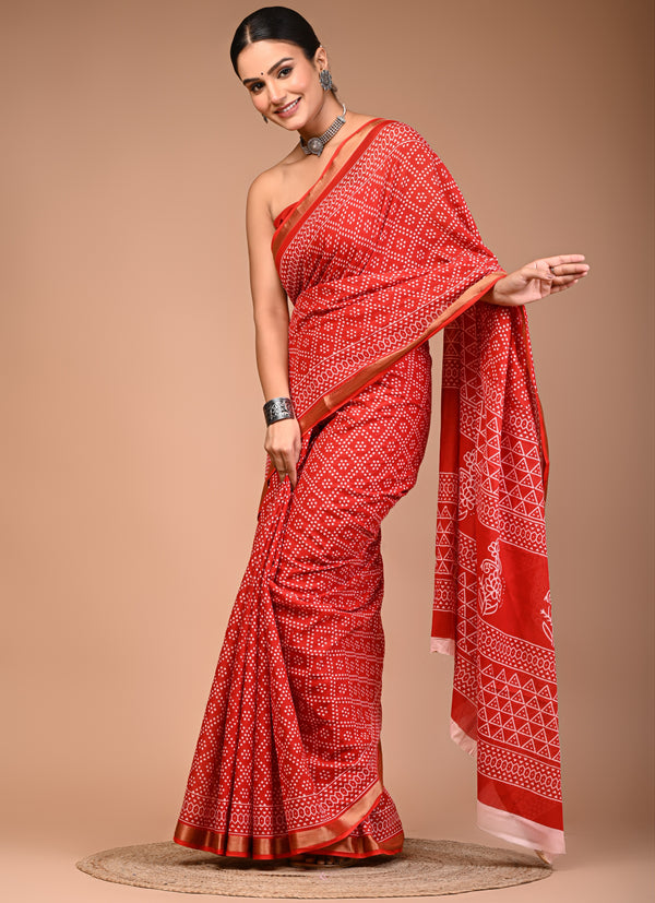 Red Pure Cotton Bandhani Print Saree with Golden Border & Geometric Pallu