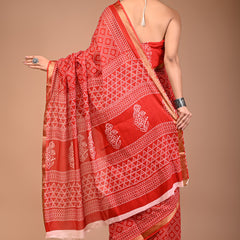 Red Pure Cotton Bandhani Print Saree with Golden Border & Geometric Pallu