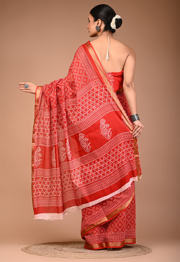 Red Pure Cotton Bandhani Print Saree with Golden Border & Geometric Pallu