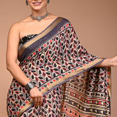 Black & Red Leaf Print Pure Cotton Saree with Zari Border & Tribal-Inspired Pallu