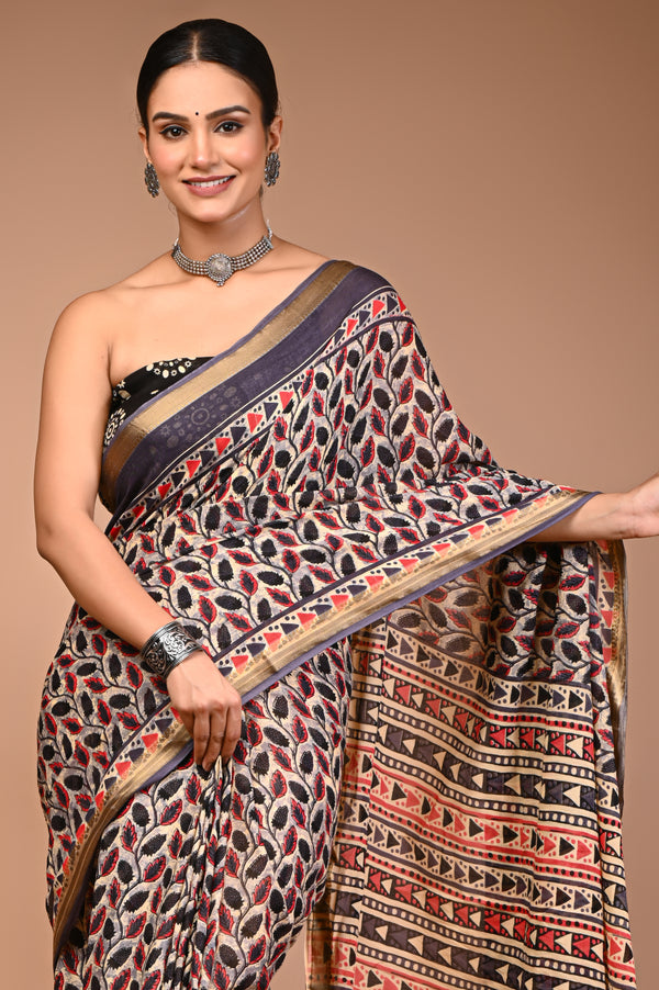 Black & Red Leaf Print Pure Cotton Saree with Zari Border & Tribal-Inspired Pallu